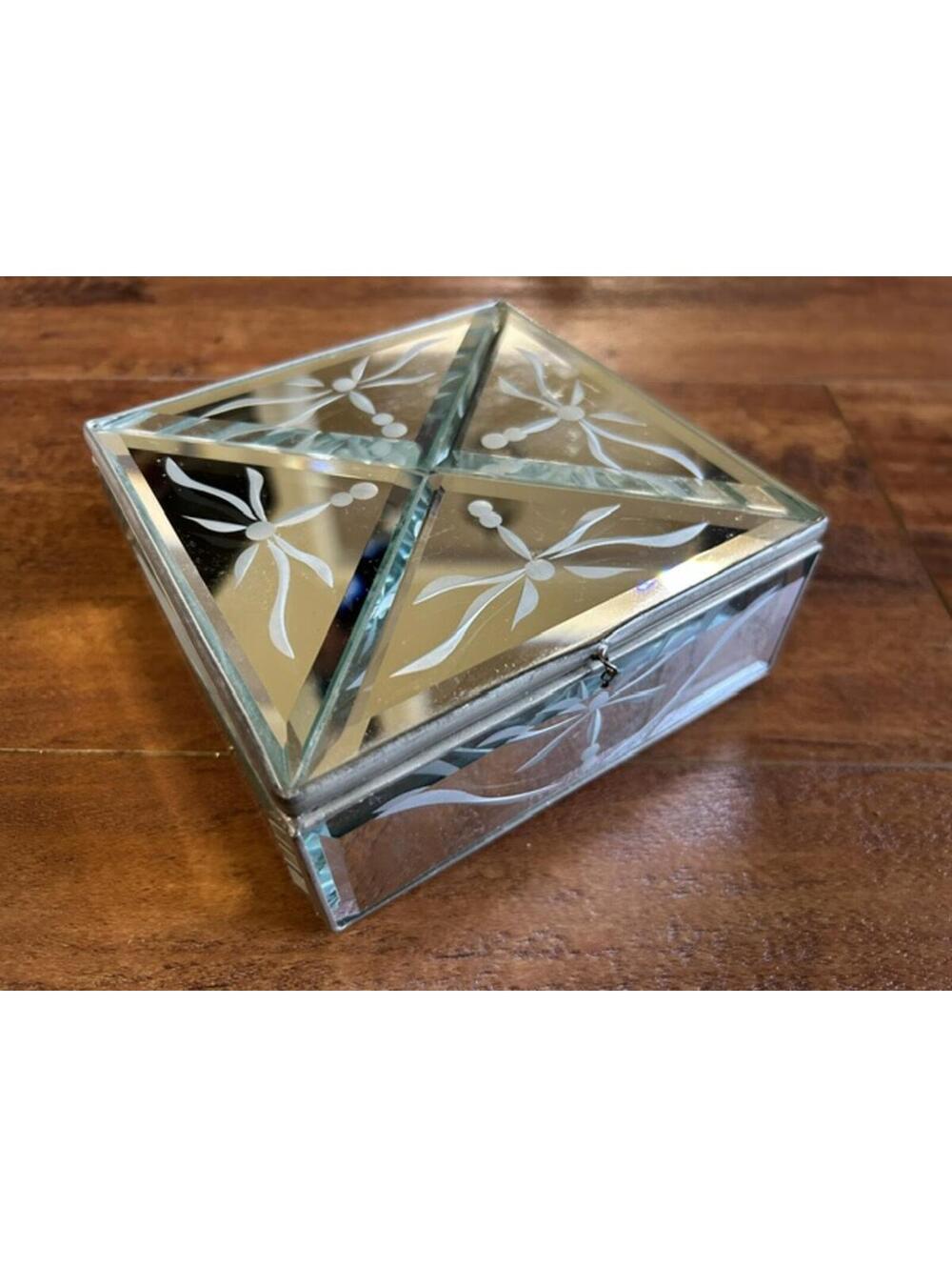 Vintage Etched Glass Jewelry Box with Dividers